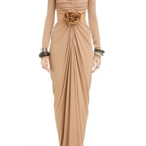 Cutout Waist Long Sleeve Jersey Gown