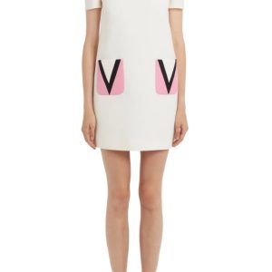 V Logo Pocket Wool & Silk Dress